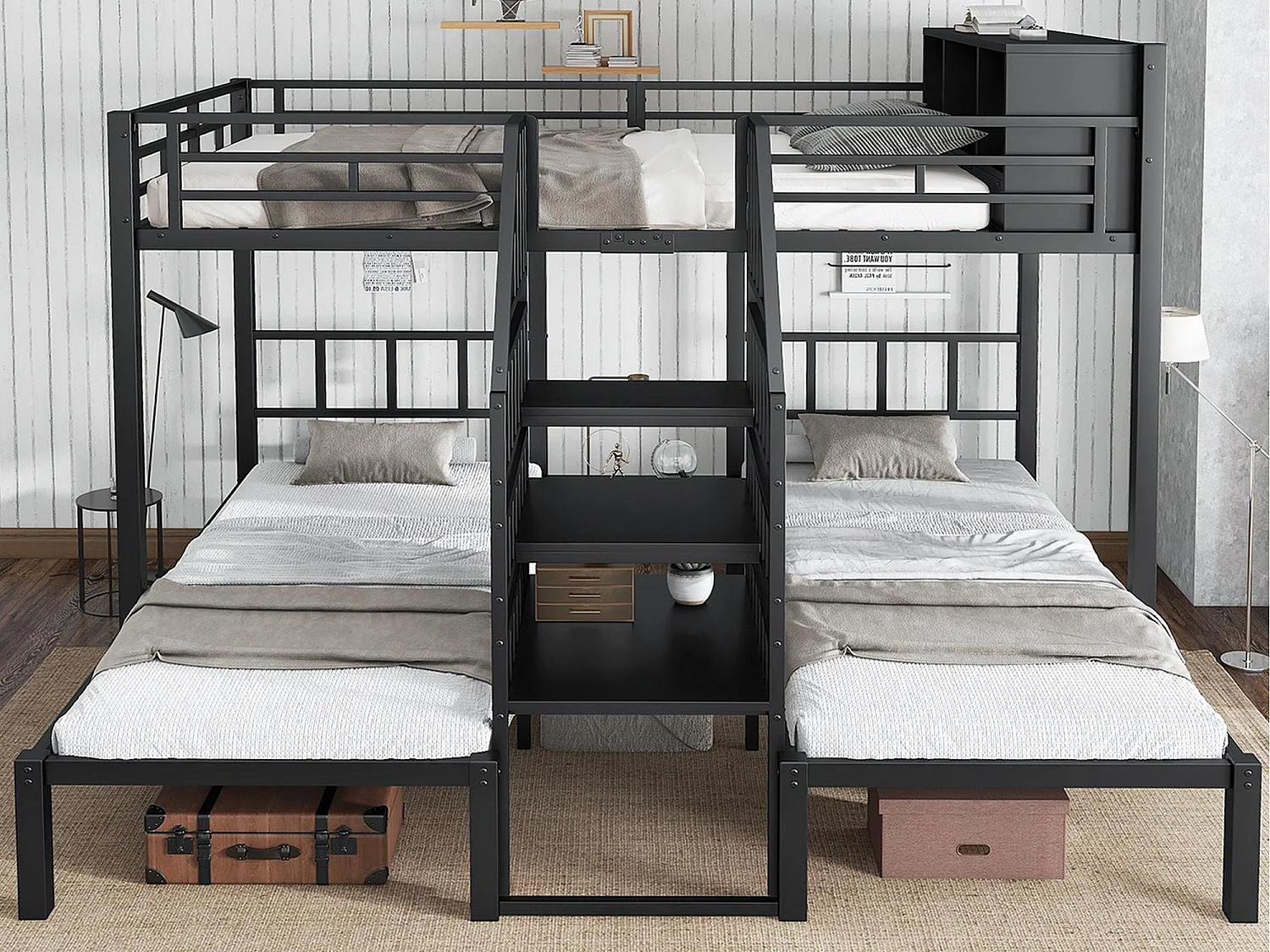 Lit superposé 90x200cm + 140x200cm - 3 couchages - avec espace de rangement - escaliers avec rampes de sécurité - noir