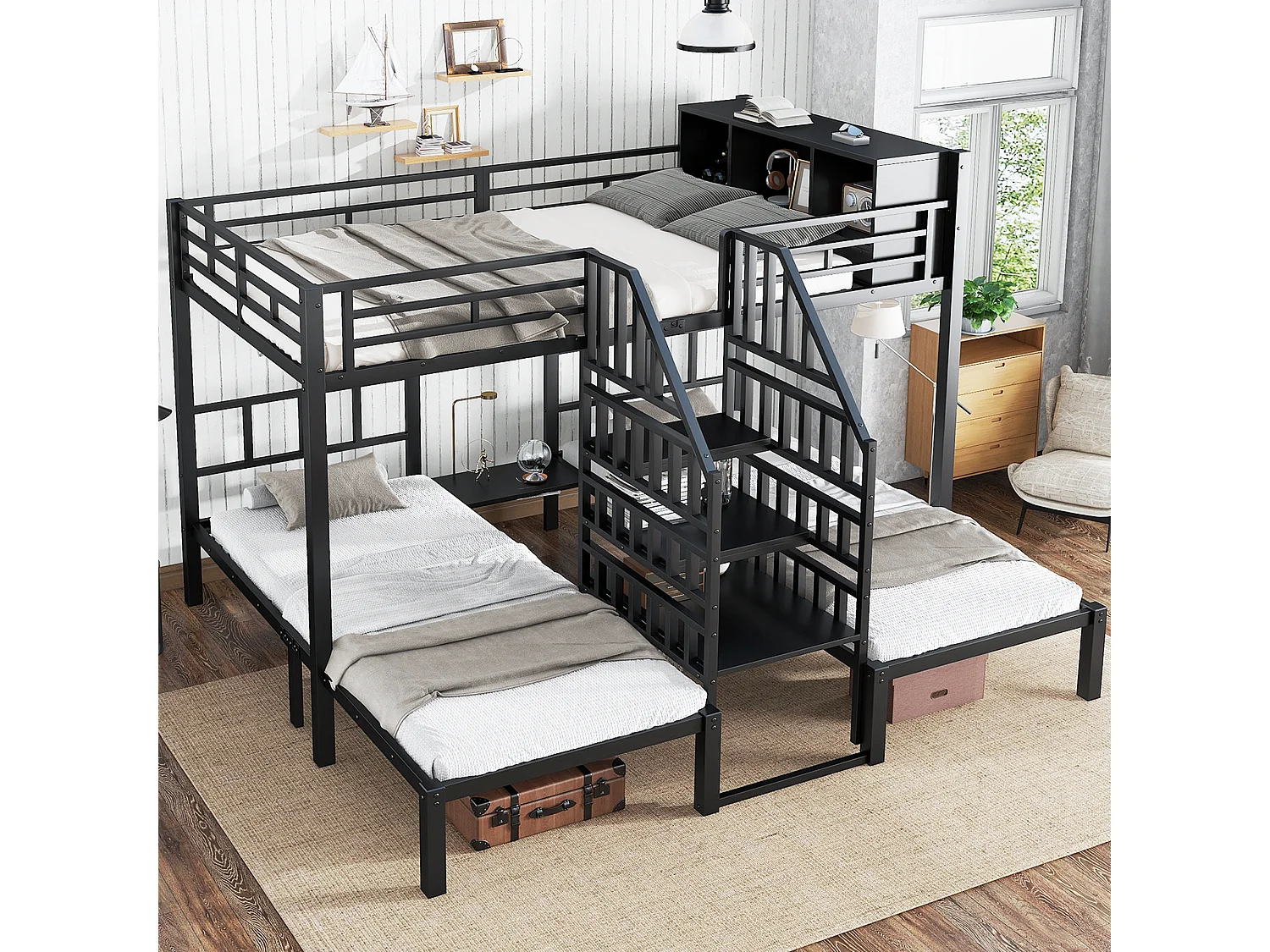 Lit superposé 90x200cm + 140x200cm - 3 couchages - avec espace de rangement - escaliers avec rampes de sécurité - noir