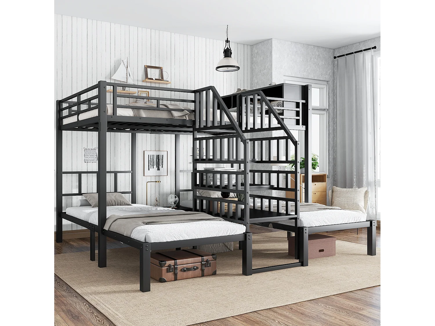 Lit superposé 90x200cm + 140x200cm - 3 couchages - avec espace de rangement - escaliers avec rampes de sécurité - noir