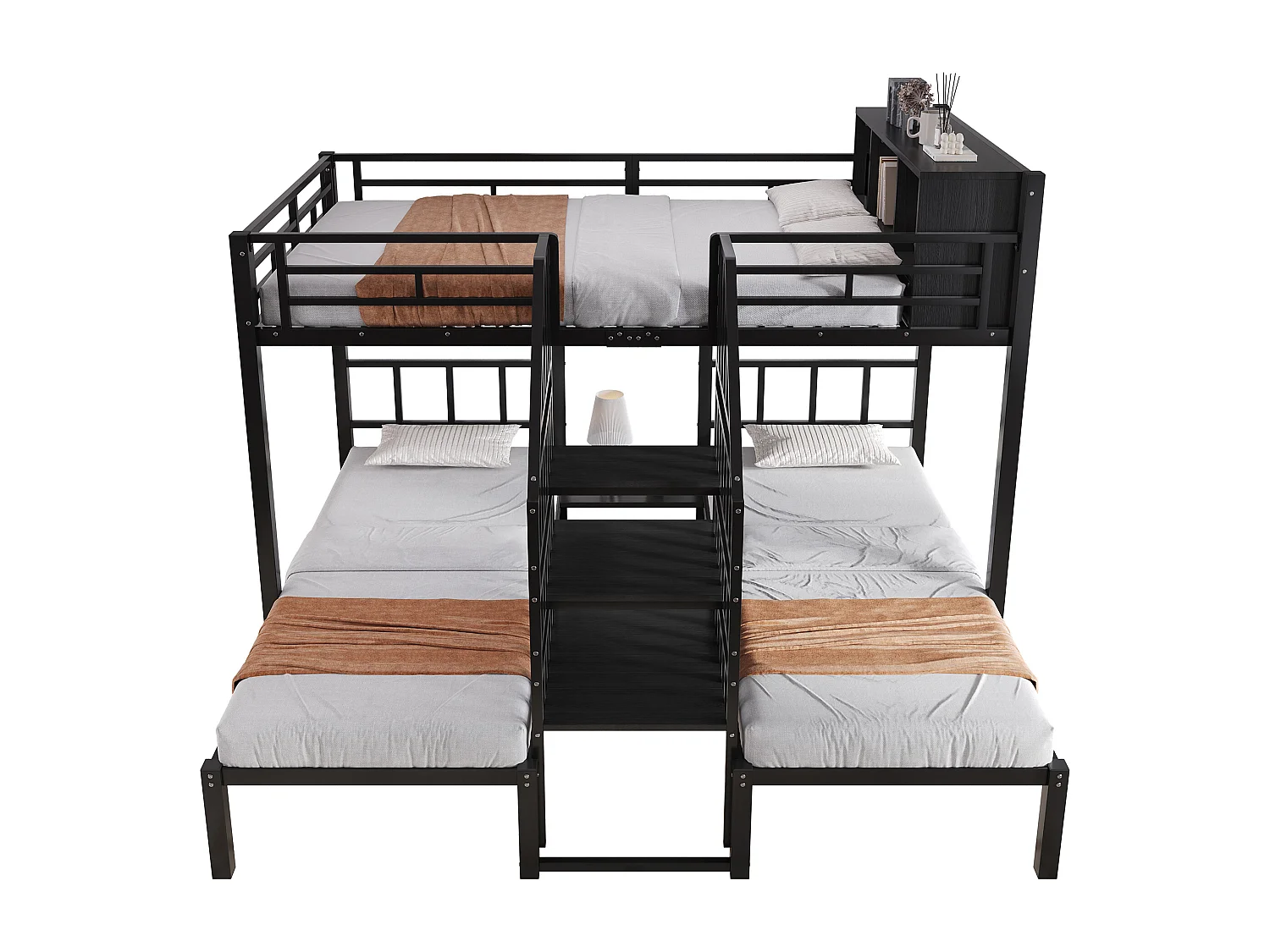 Lit superposé 90x200cm + 140x200cm - 3 couchages - avec espace de rangement - escaliers avec rampes de sécurité - noir