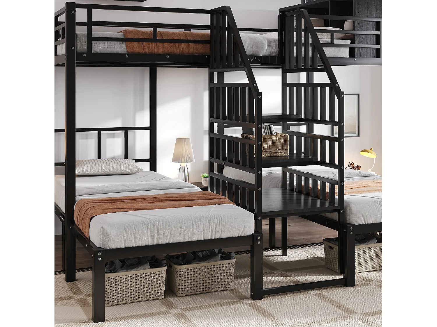 Lit superposé 90x200cm + 140x200cm - 3 couchages - avec espace de rangement - escaliers avec rampes de sécurité - noir