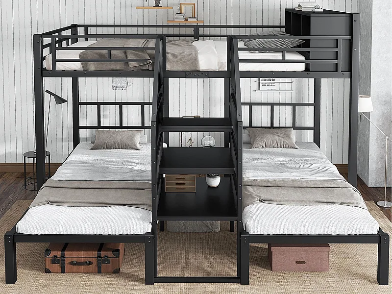 Beliche 90x200 cm + 140x200 cm - 3 lugares para dormir - com espaço de armazenamento - escada com corrimão de segurança - preto