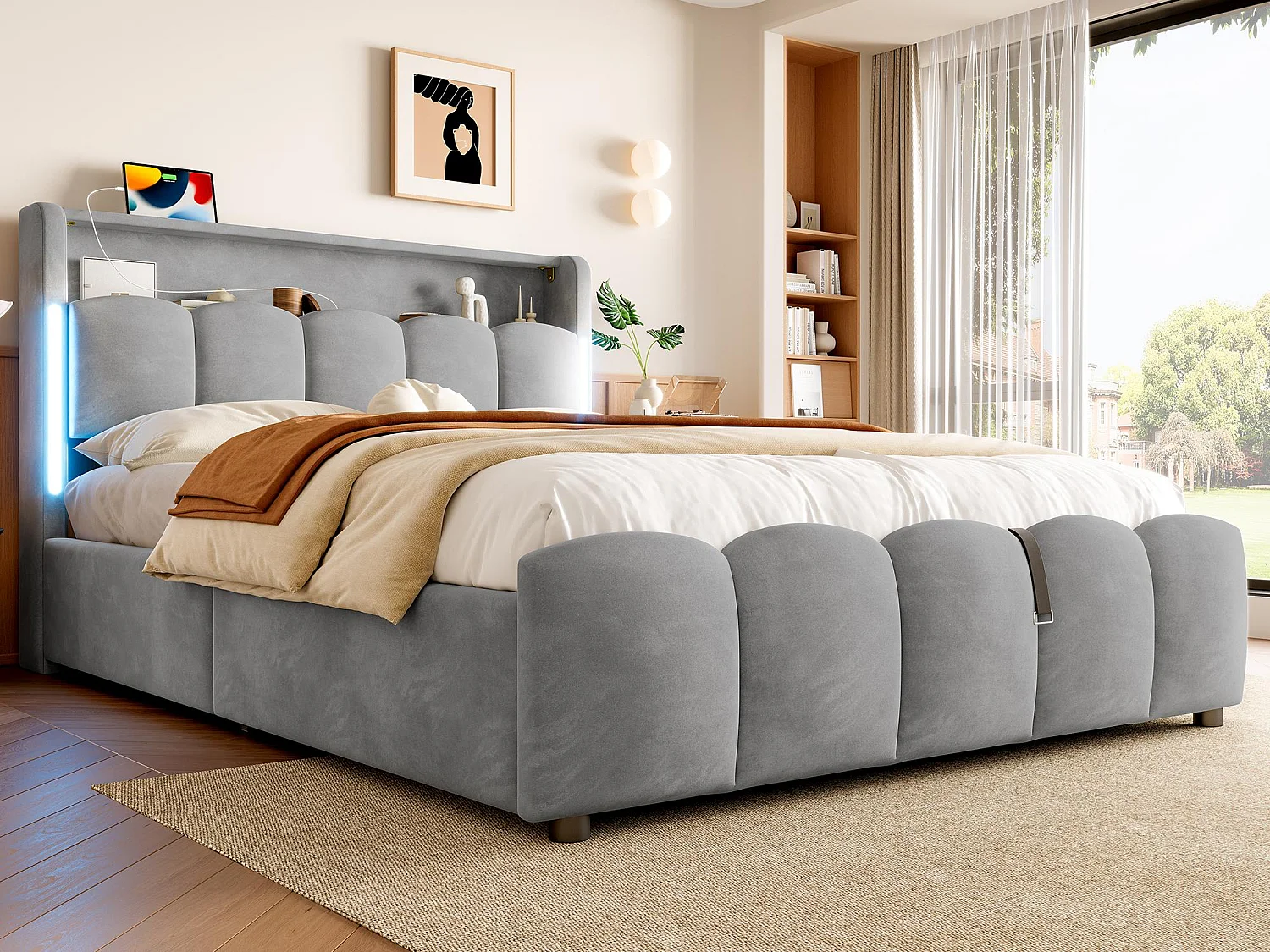 Lit coffre rembourré 140x200 cm - avec éclairage LED - avec ports USB + Type-C - velours - gris (matelas non inclus)