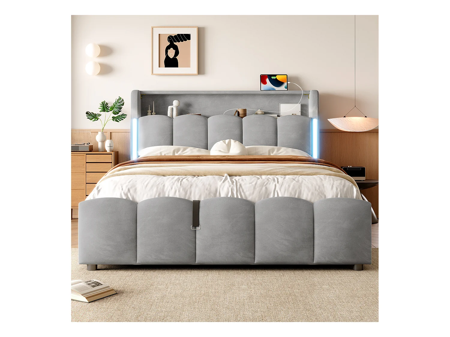 Lit coffre rembourré 140x200 cm - avec éclairage LED - avec ports USB + Type-C - velours - gris (matelas non inclus)