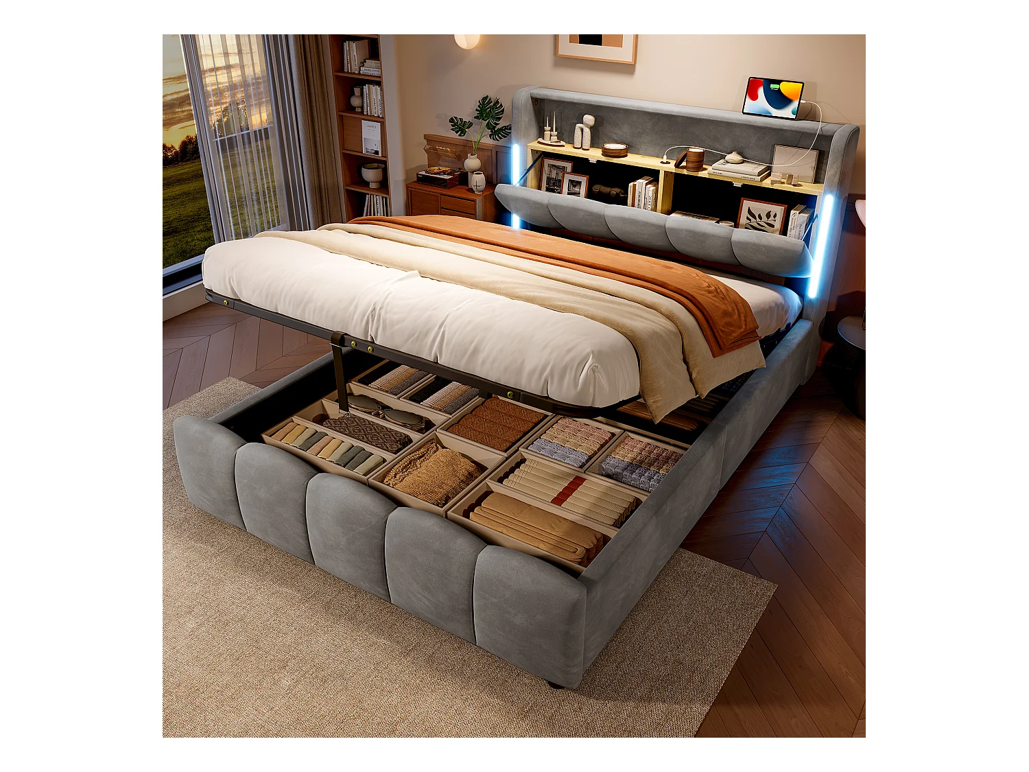 Lit coffre rembourré 140x200 cm - avec éclairage LED - avec ports USB + Type-C - velours - gris (matelas non inclus)