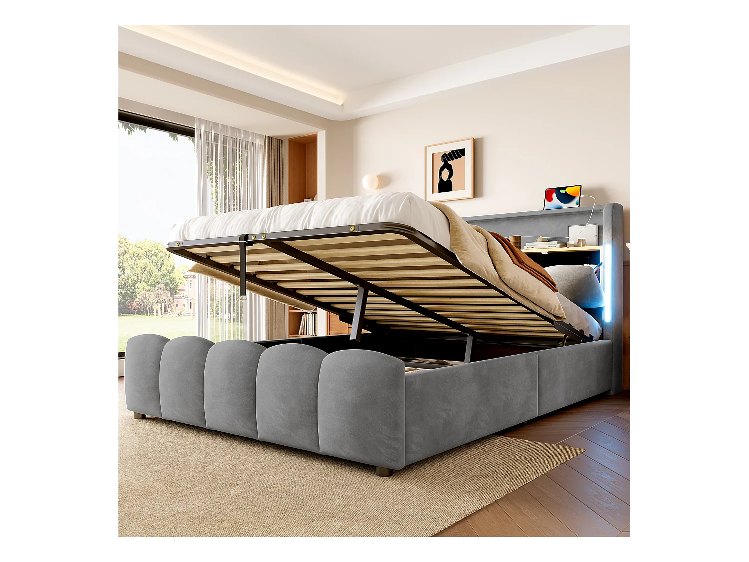 Lit coffre rembourré 140x200 cm - avec éclairage LED - avec ports USB + Type-C - velours - gris (matelas non inclus)