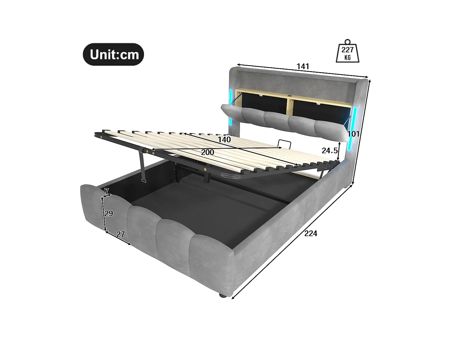 Lit coffre rembourré 140x200 cm - avec éclairage LED - avec ports USB + Type-C - velours - gris (matelas non inclus)