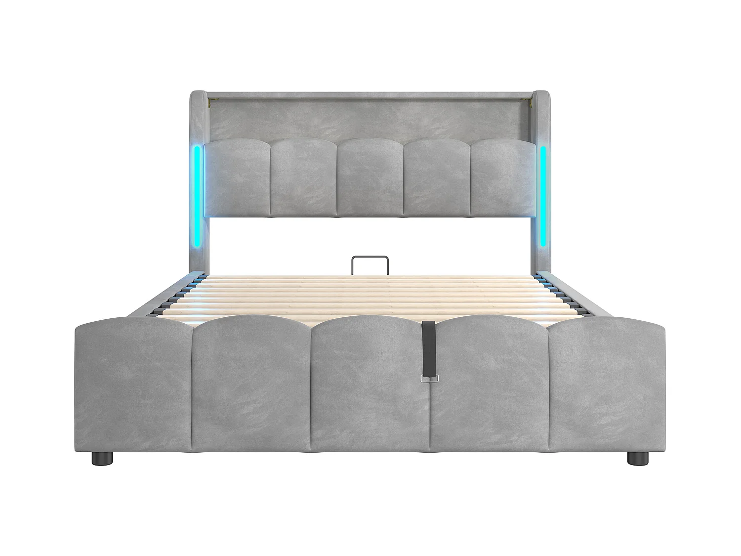 Lit coffre rembourré 140x200 cm - avec éclairage LED - avec ports USB + Type-C - velours - gris (matelas non inclus)
