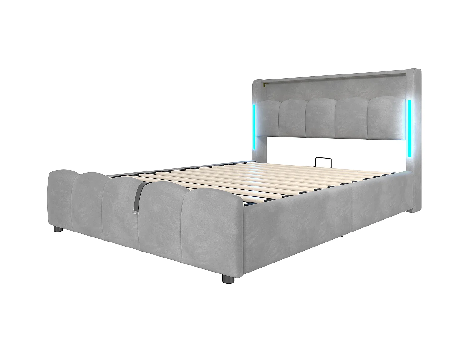 Lit coffre rembourré 140x200 cm - avec éclairage LED - avec ports USB + Type-C - velours - gris (matelas non inclus)