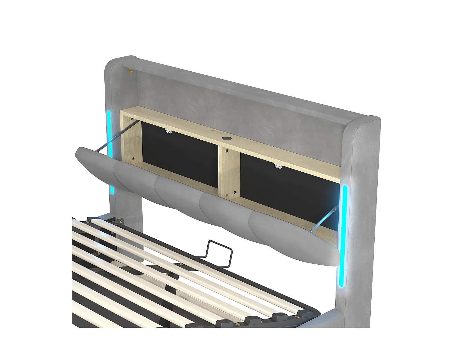 Lit coffre rembourré 140x200 cm - avec éclairage LED - avec ports USB + Type-C - velours - gris (matelas non inclus)