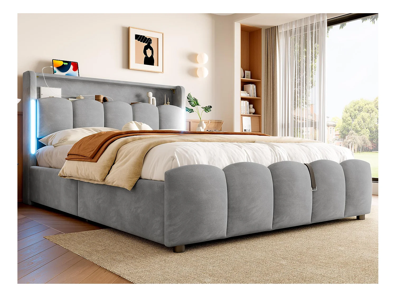Lit coffre rembourré 140x200 cm - avec éclairage LED - avec ports USB + Type-C - velours - gris (matelas non inclus)