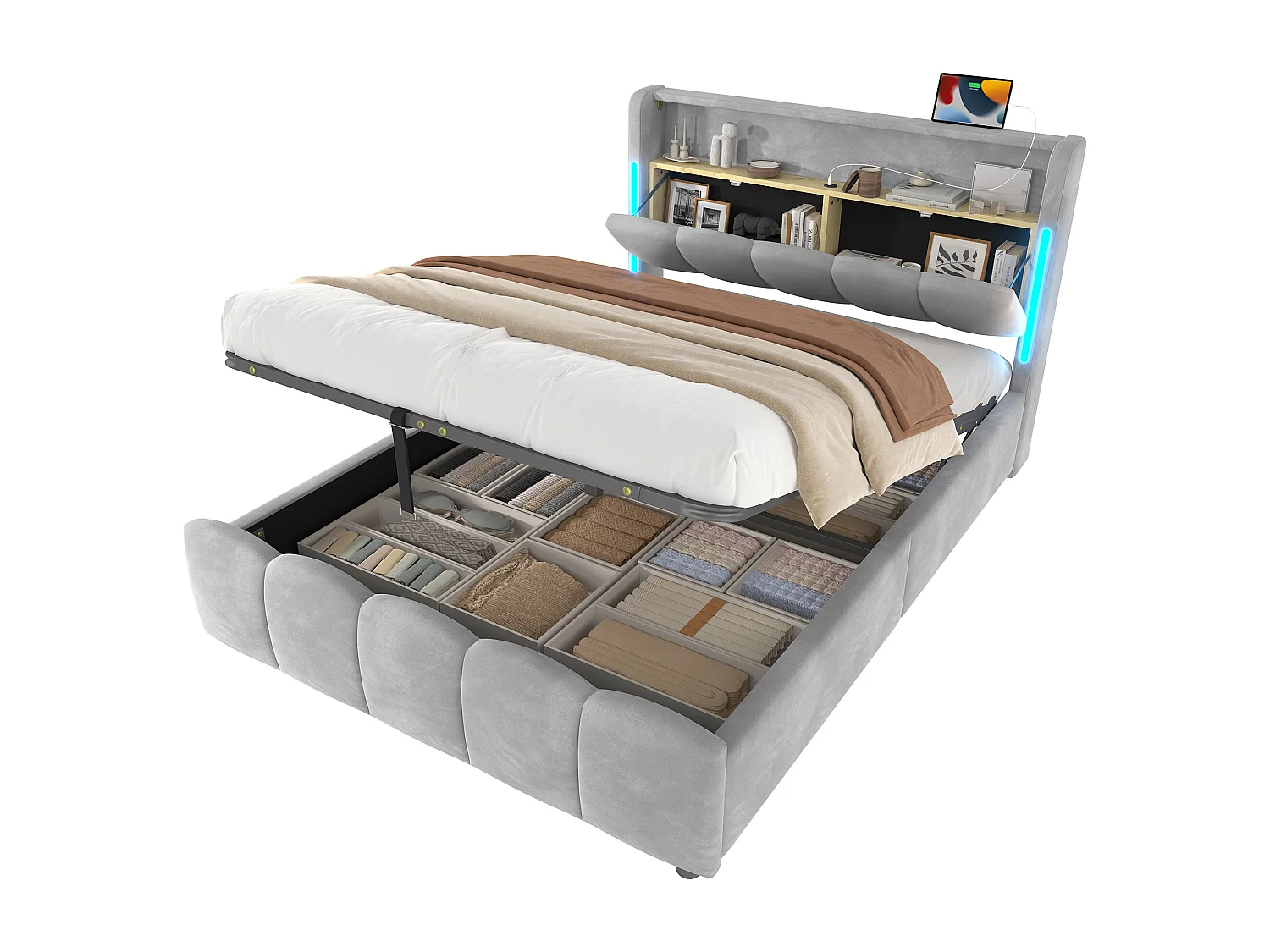 Lit coffre rembourré 140x200 cm - avec éclairage LED - avec ports USB + Type-C - velours - gris (matelas non inclus)