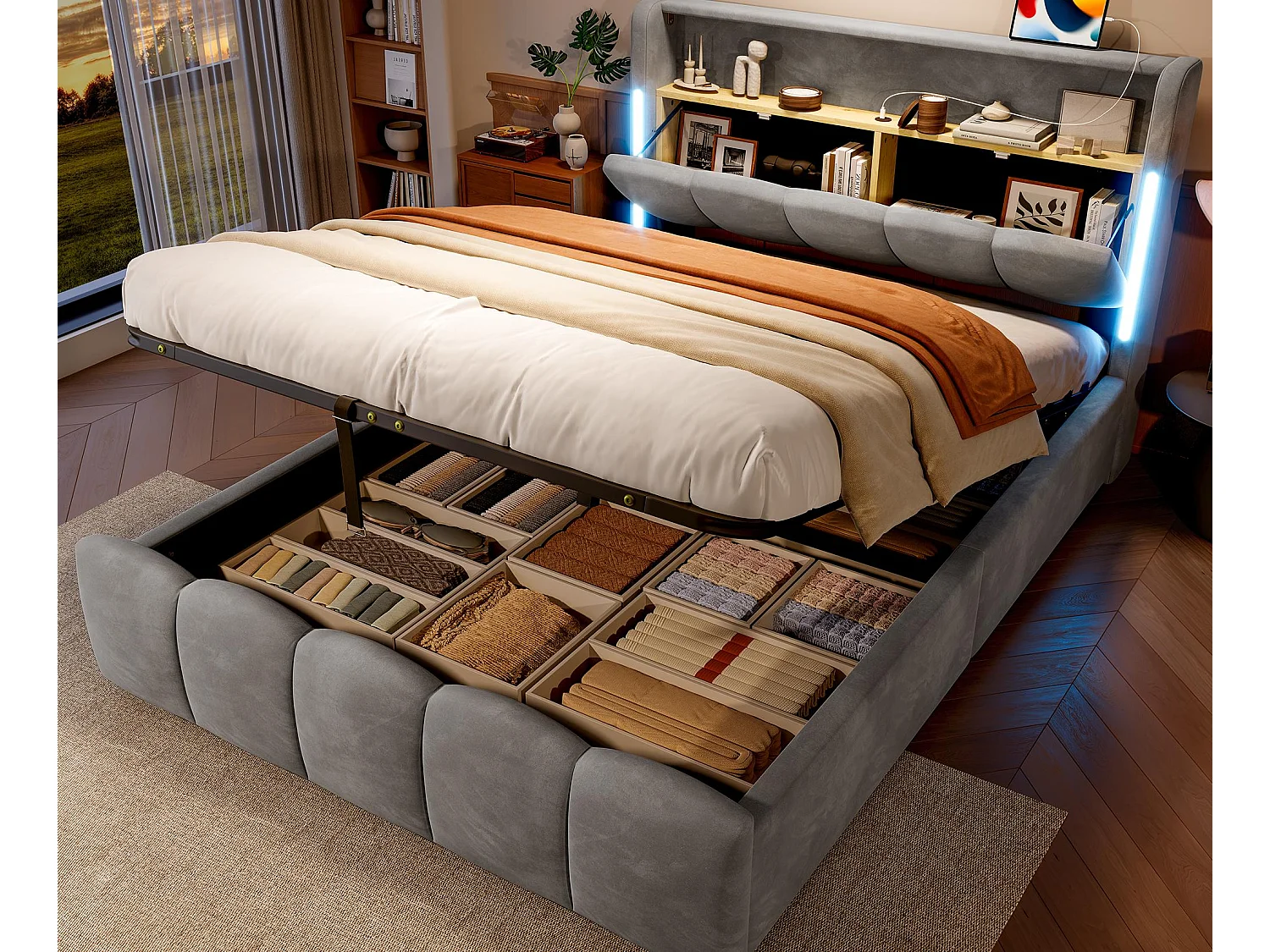 Lit coffre rembourré 140x200 cm - avec éclairage LED - avec ports USB + Type-C - velours - gris (matelas non inclus)