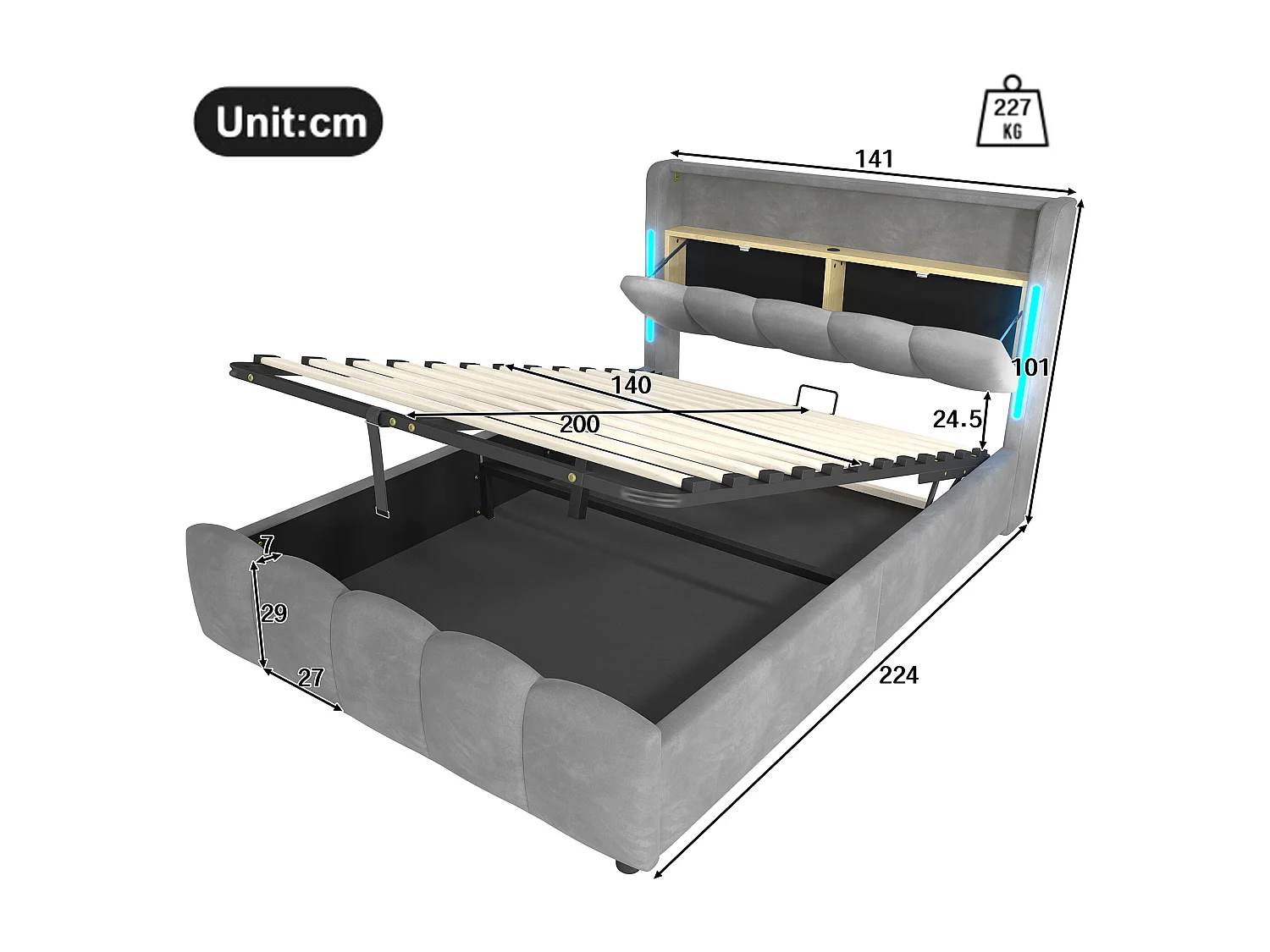 Lit coffre rembourré 140x200 cm - avec éclairage LED - avec ports USB + Type-C - velours - gris (matelas non inclus)