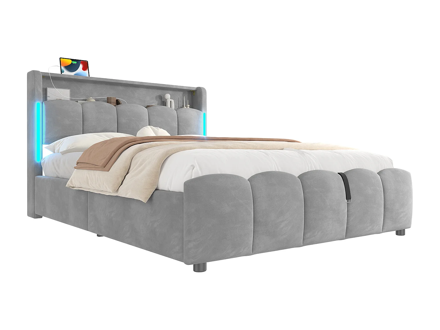 Lit coffre rembourré 140x200 cm - avec éclairage LED - avec ports USB + Type-C - velours - gris (matelas non inclus)
