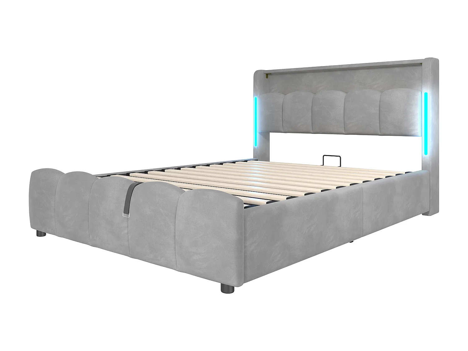 Lit coffre rembourré 140x200 cm - avec éclairage LED - avec ports USB + Type-C - velours - gris (matelas non inclus)
