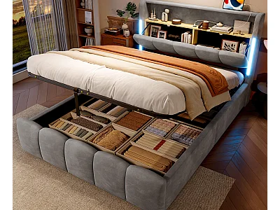 Lit coffre rembourré 140x200 cm - avec éclairage LED - avec ports USB + Type-C - velours - gris (matelas non inclus)
