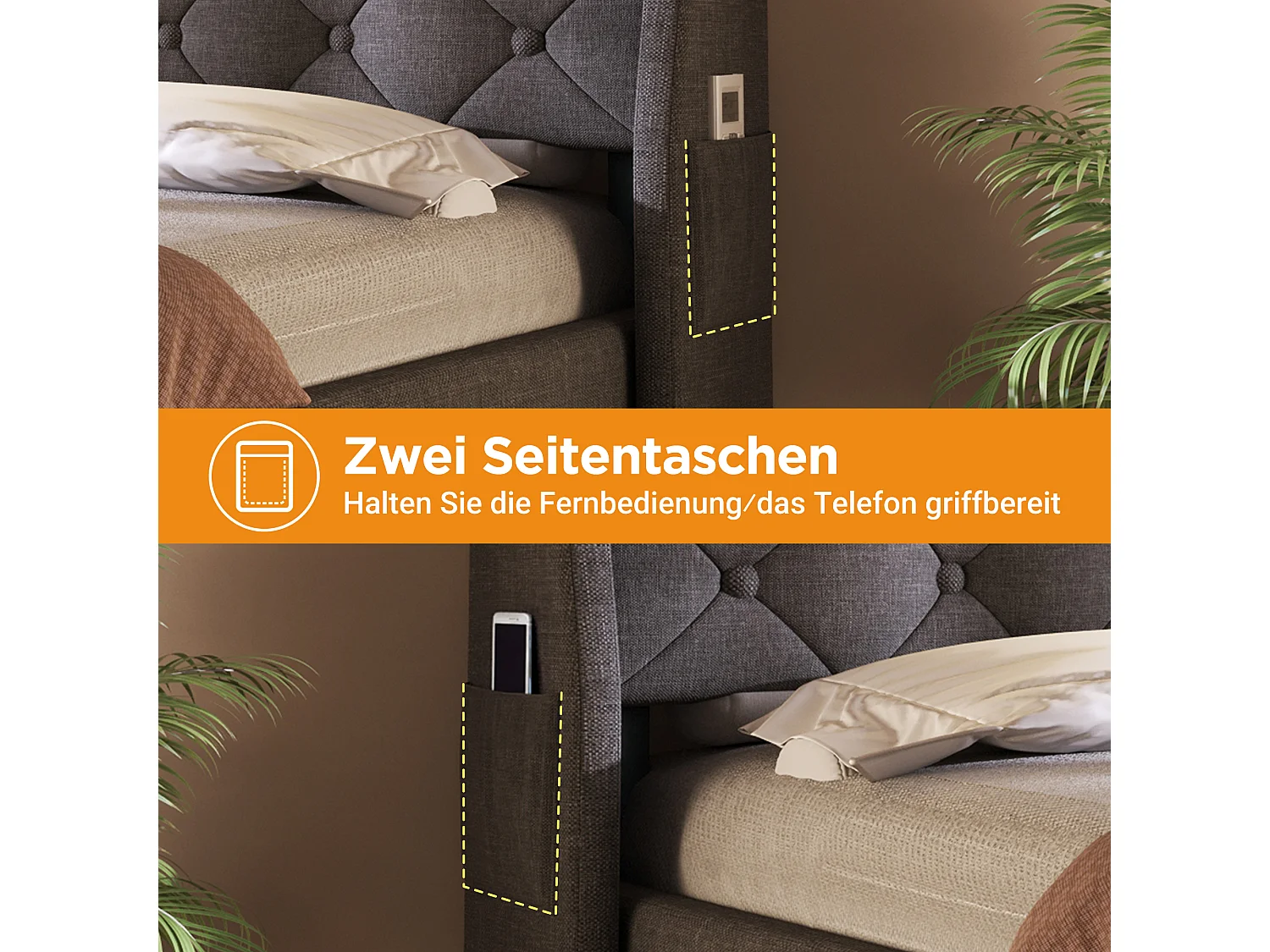 Lit coffre rembourré - 140 x 200 cm - tête de lit Leds + 4 stations de charge (USB/Type-C) - lin - gris(avec matelas)