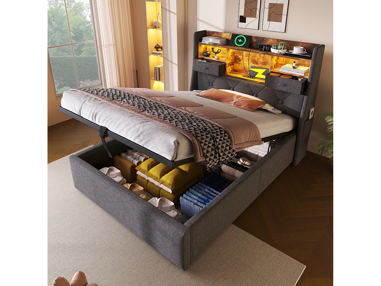 Lit coffre rembourré - 90 x 200 cm - tête de lit Leds + 4 stations de charge (USB/Type-C) - lin - gris