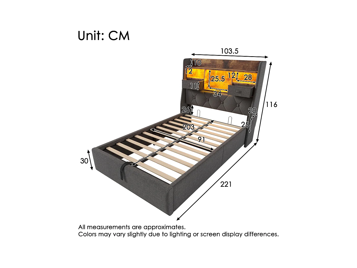 Lit coffre rembourré - 90 x 200 cm - tête de lit Leds + 4 stations de charge (USB/Type-C) - lin - gris