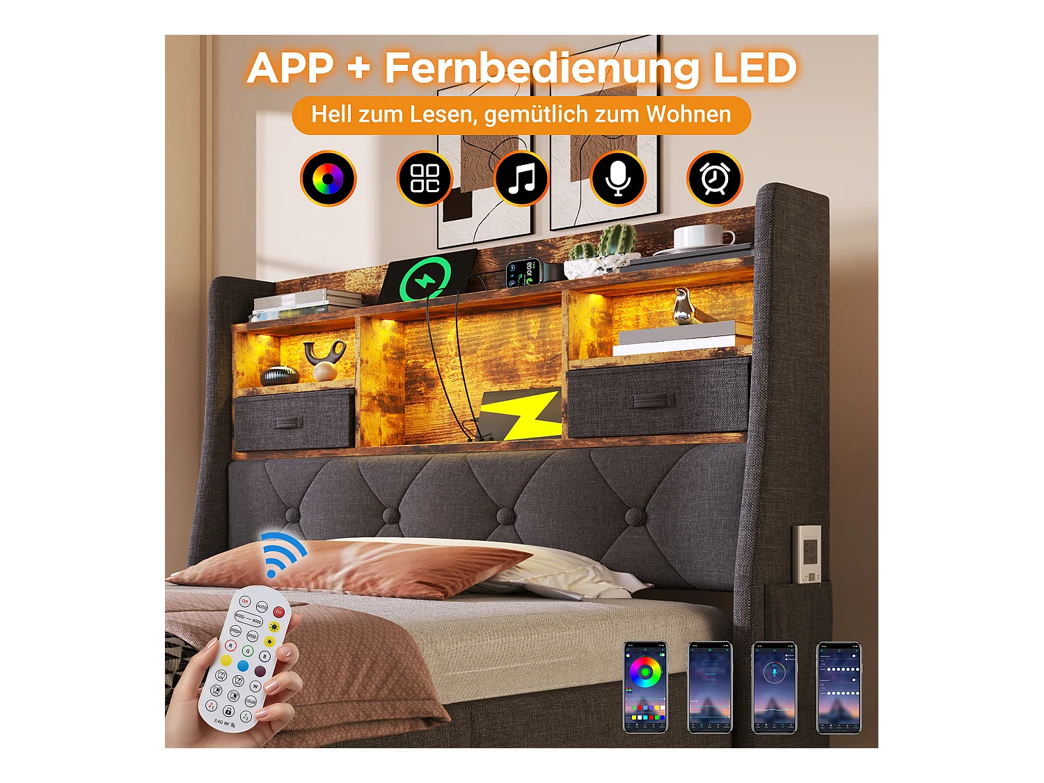 Lit coffre rembourré - 90 x 200 cm - tête de lit Leds + 4 stations de charge (USB/Type-C) - lin - gris
