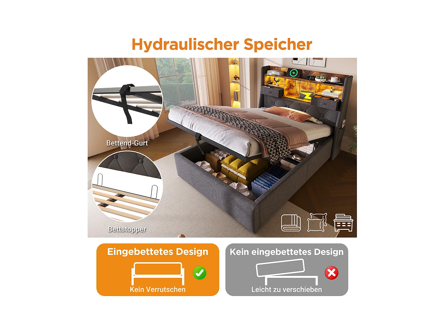 Lit coffre rembourré - 90 x 200 cm - tête de lit Leds + 4 stations de charge (USB/Type-C) - lin - gris