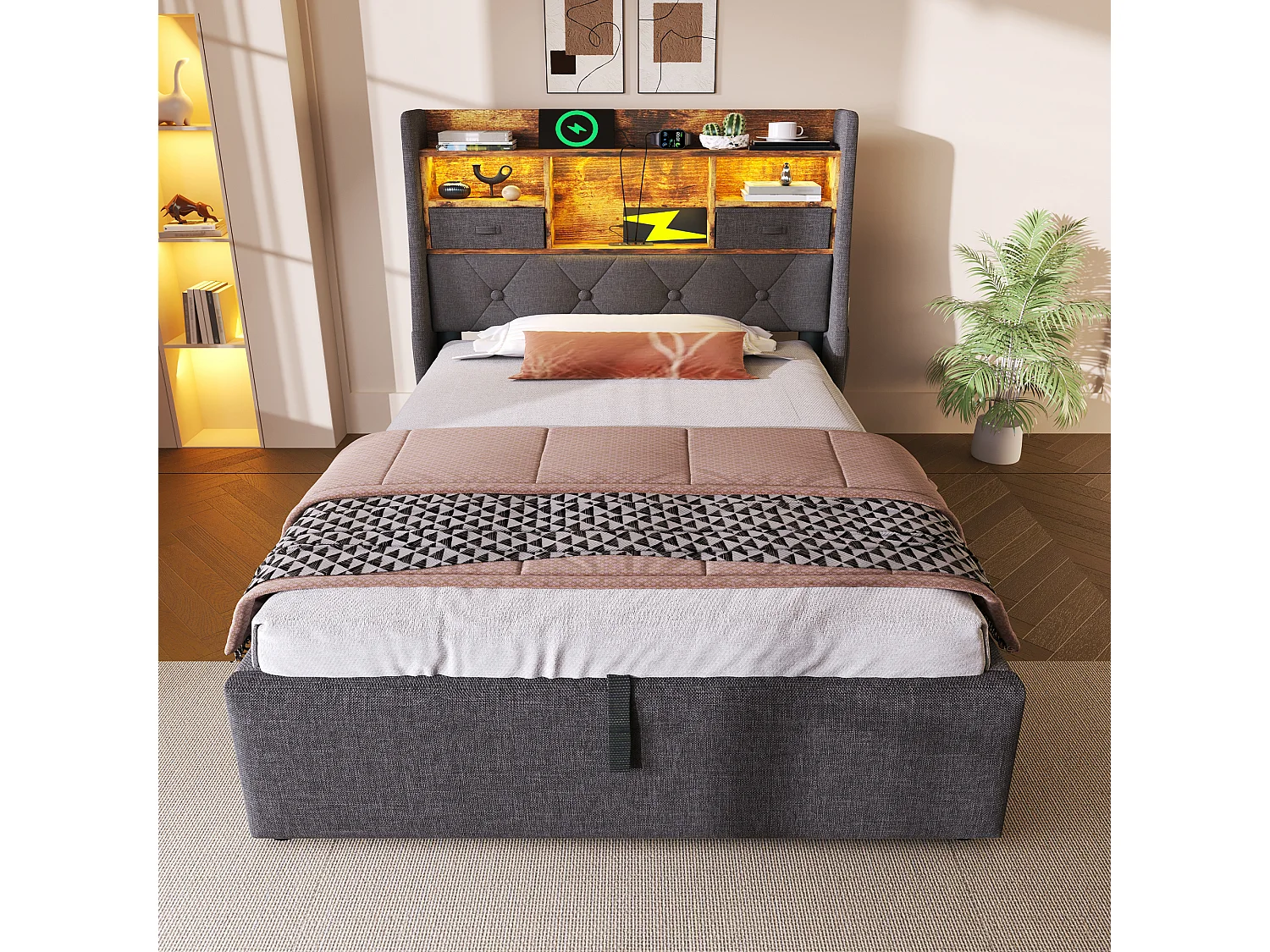 Lit coffre rembourré - 90 x 200 cm - tête de lit Leds + 4 stations de charge (USB/Type-C) - lin - gris