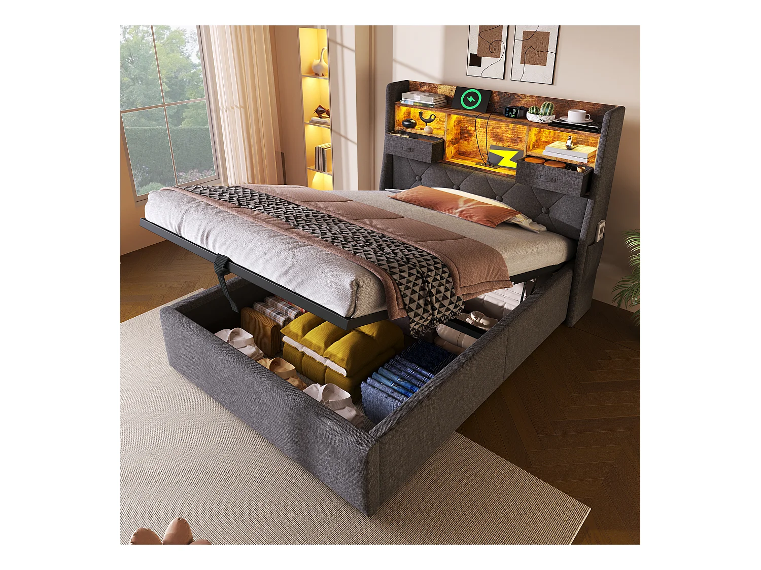 Lit coffre rembourré - 90 x 200 cm - tête de lit Leds + 4 stations de charge (USB/Type-C) - lin - gris