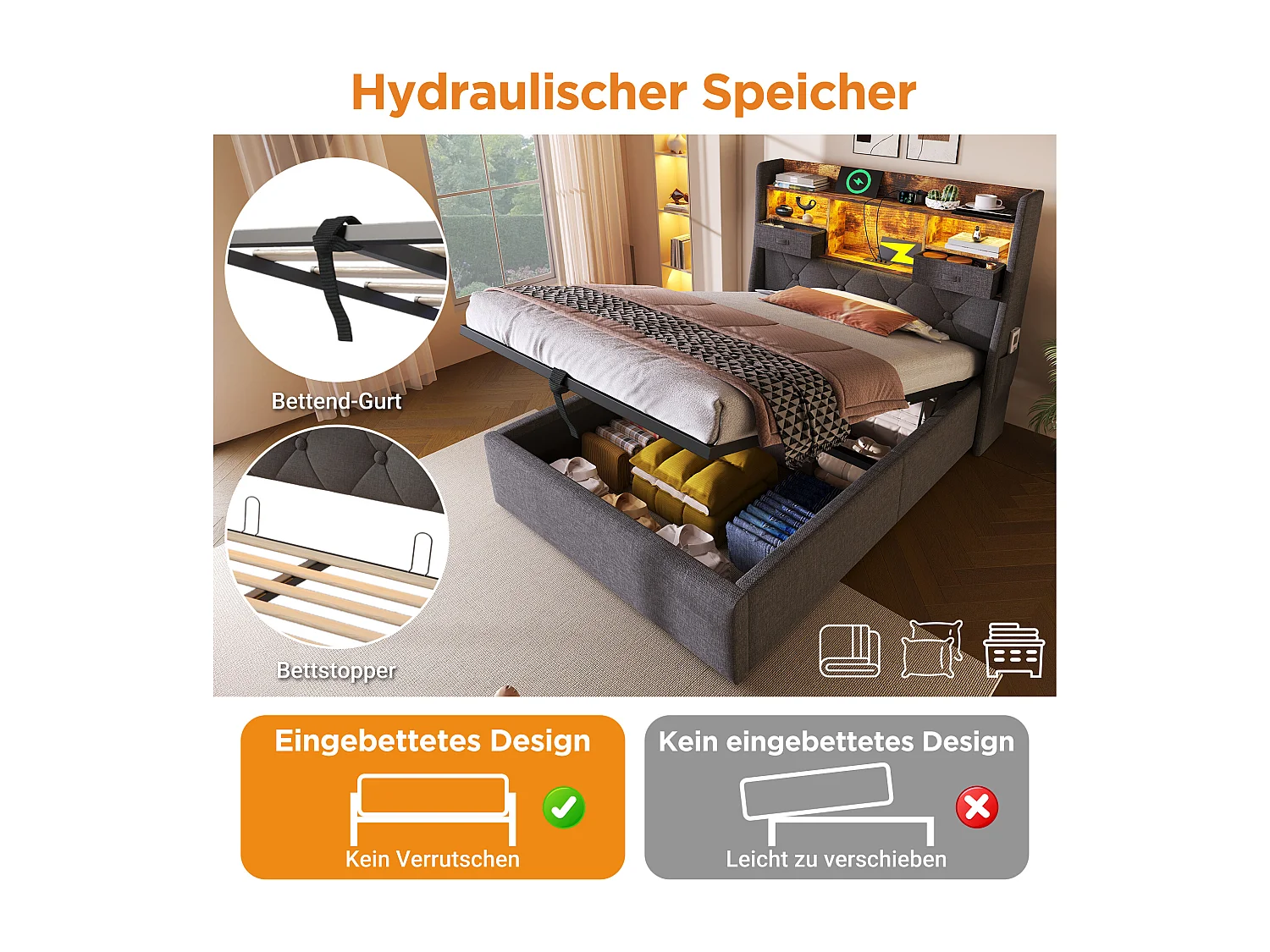 Lit coffre rembourré - 90 x 200 cm - tête de lit Leds + 4 stations de charge (USB/Type-C) - lin - gris