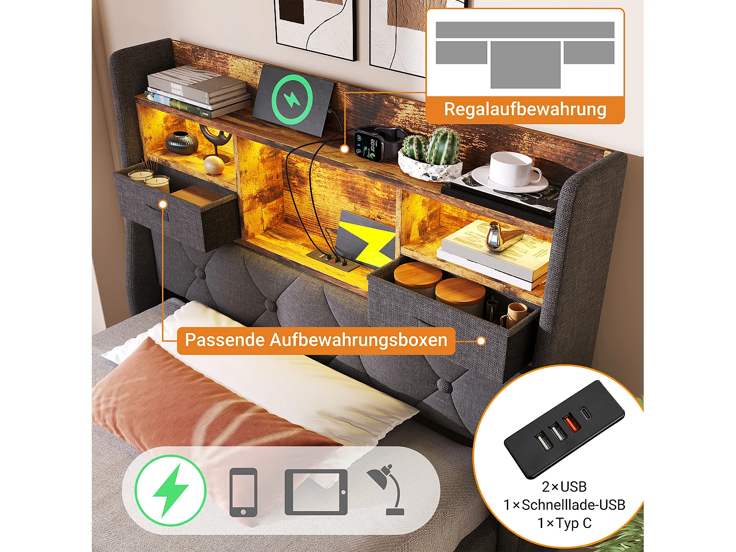 Lit coffre rembourré - 90 x 200 cm - tête de lit Leds + 4 stations de charge (USB/Type-C) - lin - gris