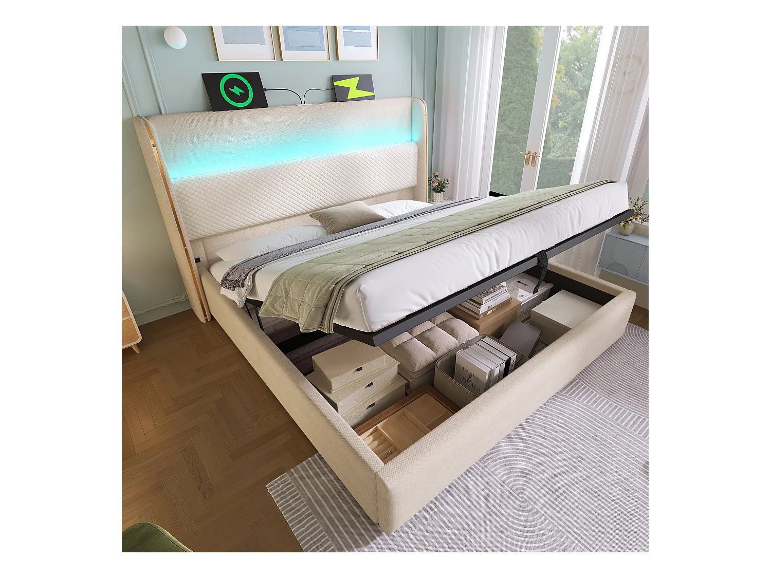 Lit coffre rembourré 160x200cm - avec éclairage LED - avec ports USB et Type-C - tissu en Lin - Beige (sans matelas)