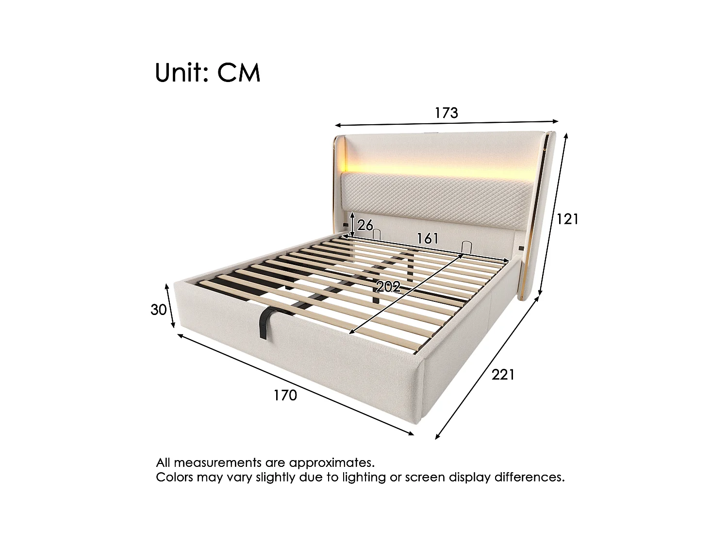 Lit coffre rembourré 160x200cm - avec éclairage LED - avec ports USB et Type-C - tissu en Lin - Beige (sans matelas)