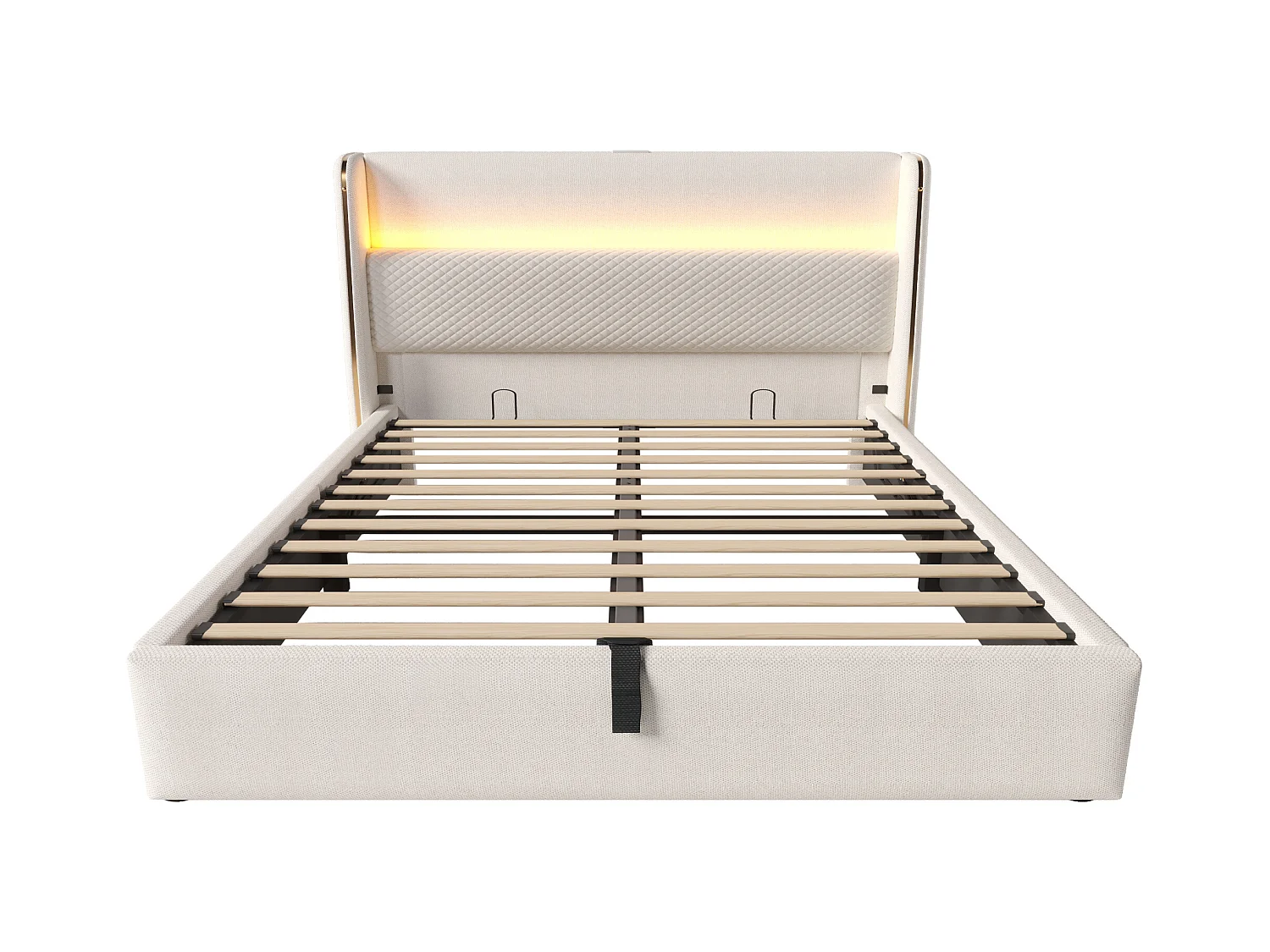 Lit coffre rembourré 160x200cm - avec éclairage LED - avec ports USB et Type-C - tissu en Lin - Beige (sans matelas)