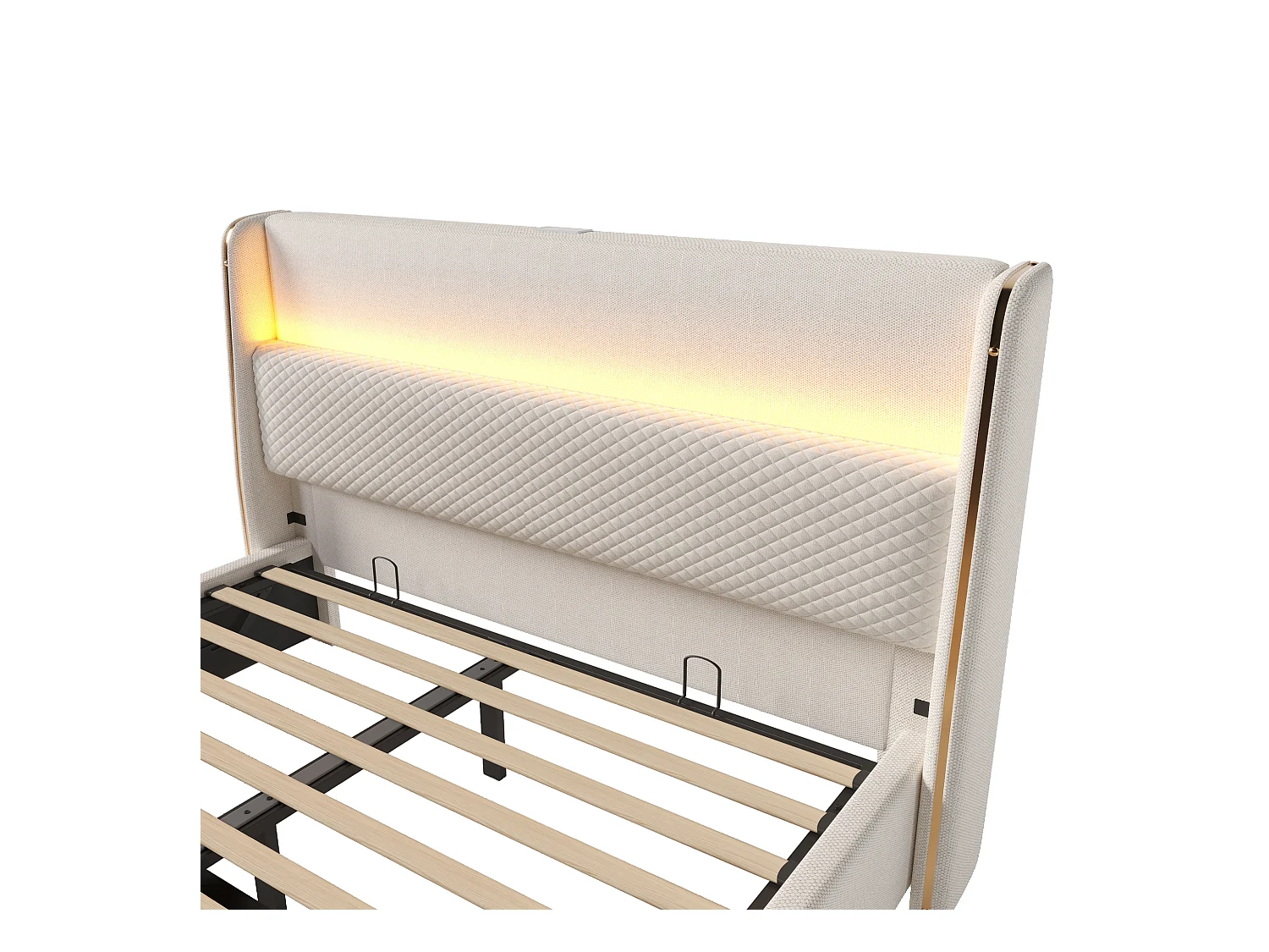 Lit coffre rembourré 160x200cm - avec éclairage LED - avec ports USB et Type-C - tissu en Lin - Beige (sans matelas)