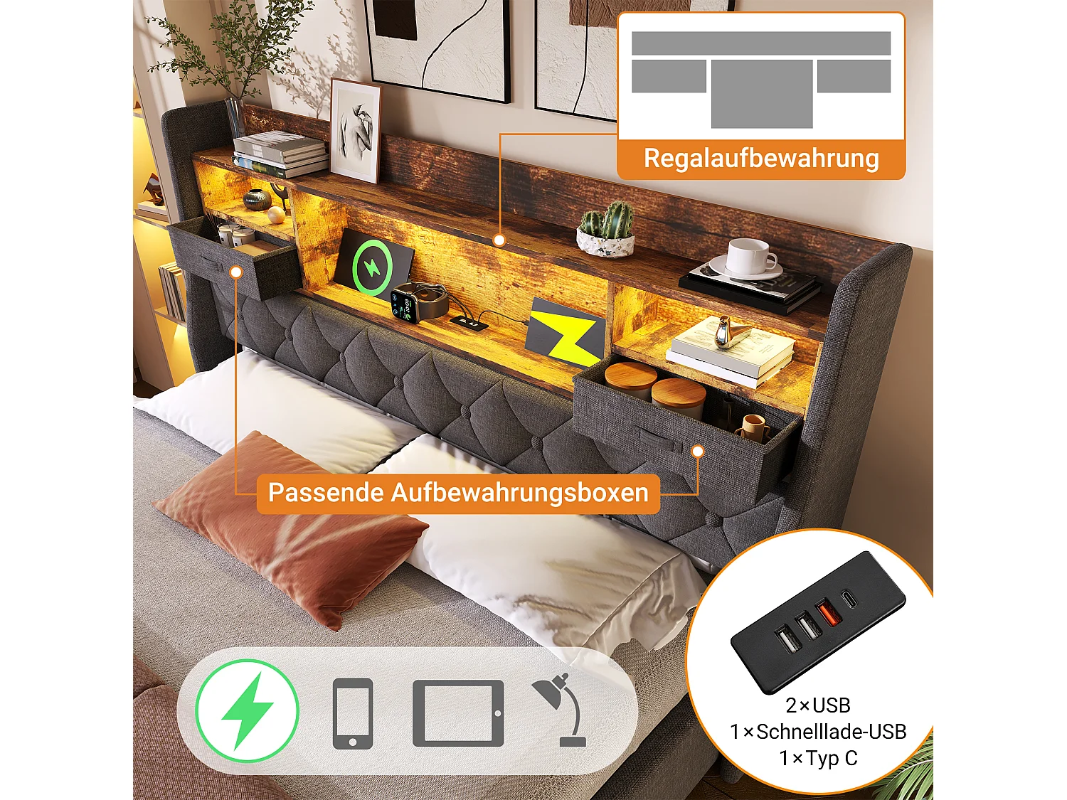 Lit coffre rembourré - 160 x 200 cm - tête de lit Leds + 4 stations de charge (USB/Type-C) - lin - gris