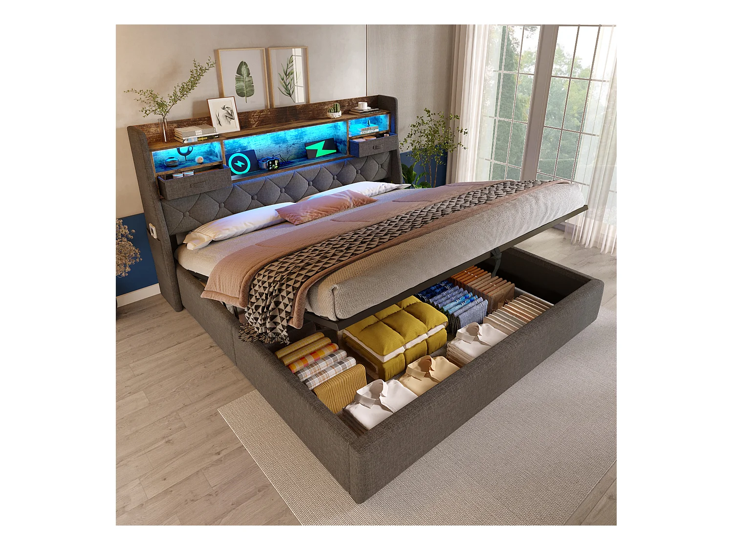 Lit coffre rembourré - 160 x 200 cm - tête de lit Leds + 4 stations de charge (USB/Type-C) - lin - gris