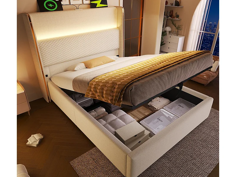 Lit coffre rembourré 90x200cm - avec éclairage LED - avec ports USB et Type-C - tissu en Lin - Beige (sans matelas)