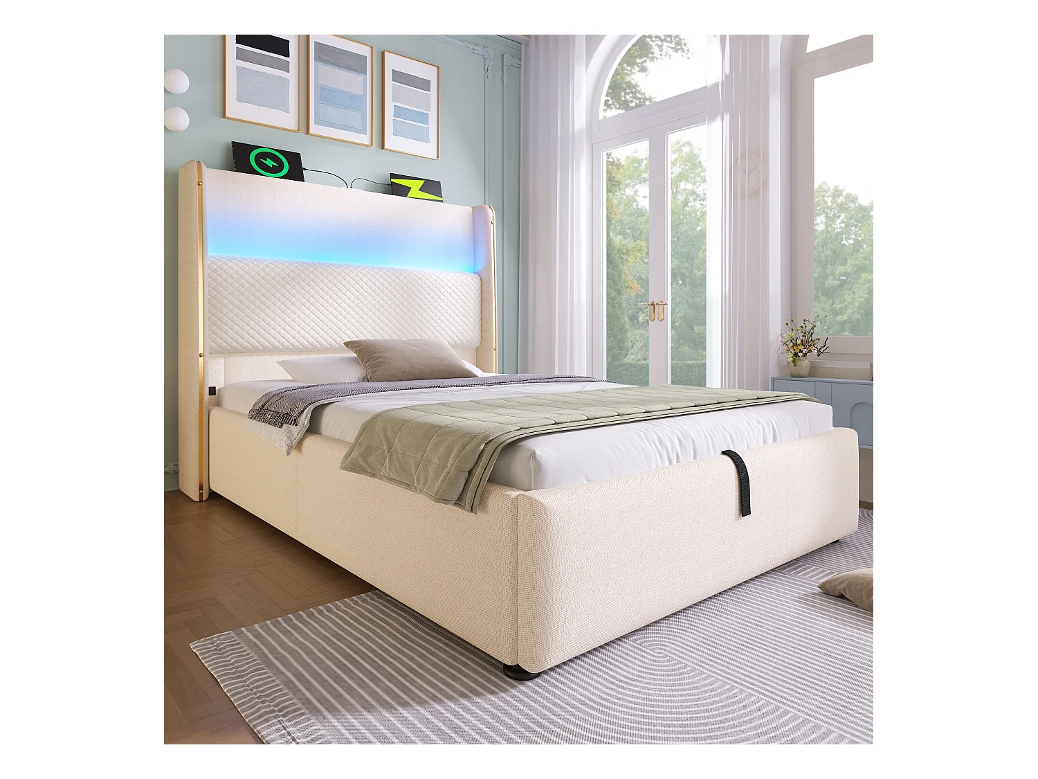 Lit coffre rembourré 90x200cm - avec éclairage LED - avec ports USB et Type-C - tissu en Lin - Beige (sans matelas)