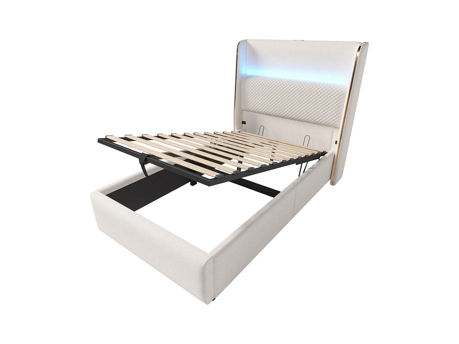 Lit coffre rembourré 90x200cm - avec éclairage LED - avec ports USB et Type-C - tissu en Lin - Beige (sans matelas)