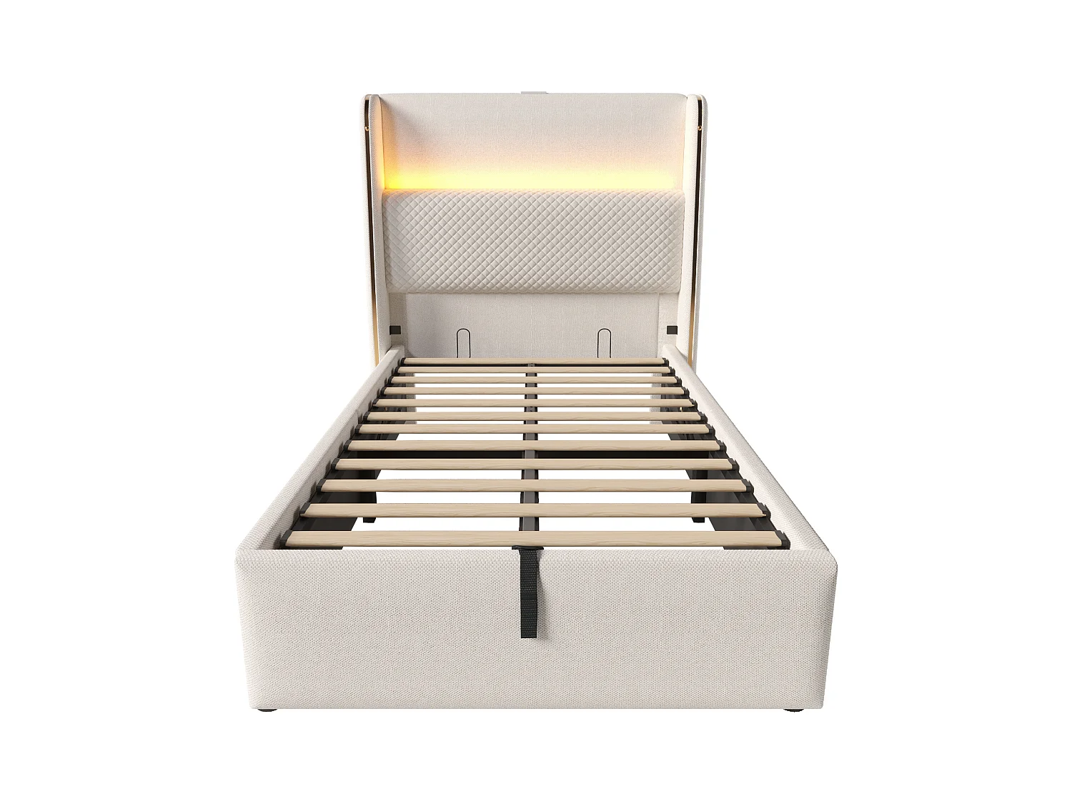 Lit coffre rembourré 90x200cm - avec éclairage LED - avec ports USB et Type-C - tissu en Lin - Beige (sans matelas)