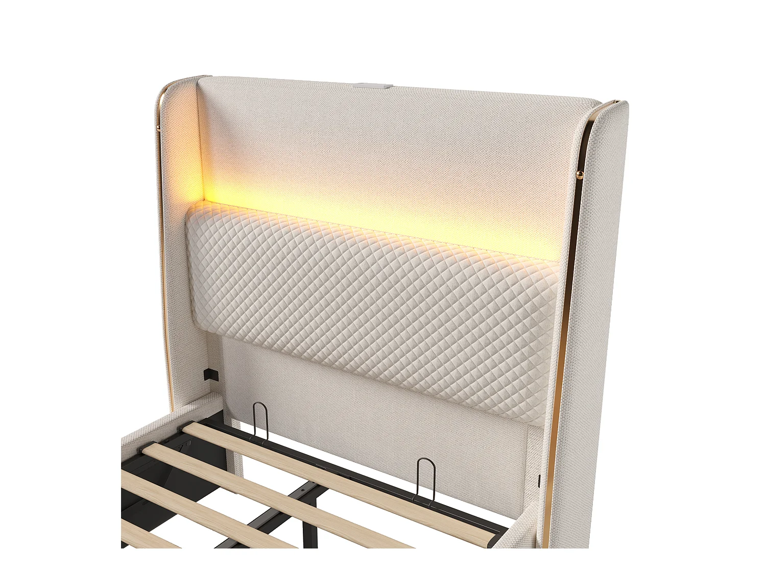 Lit coffre rembourré 90x200cm - avec éclairage LED - avec ports USB et Type-C - tissu en Lin - Beige (sans matelas)