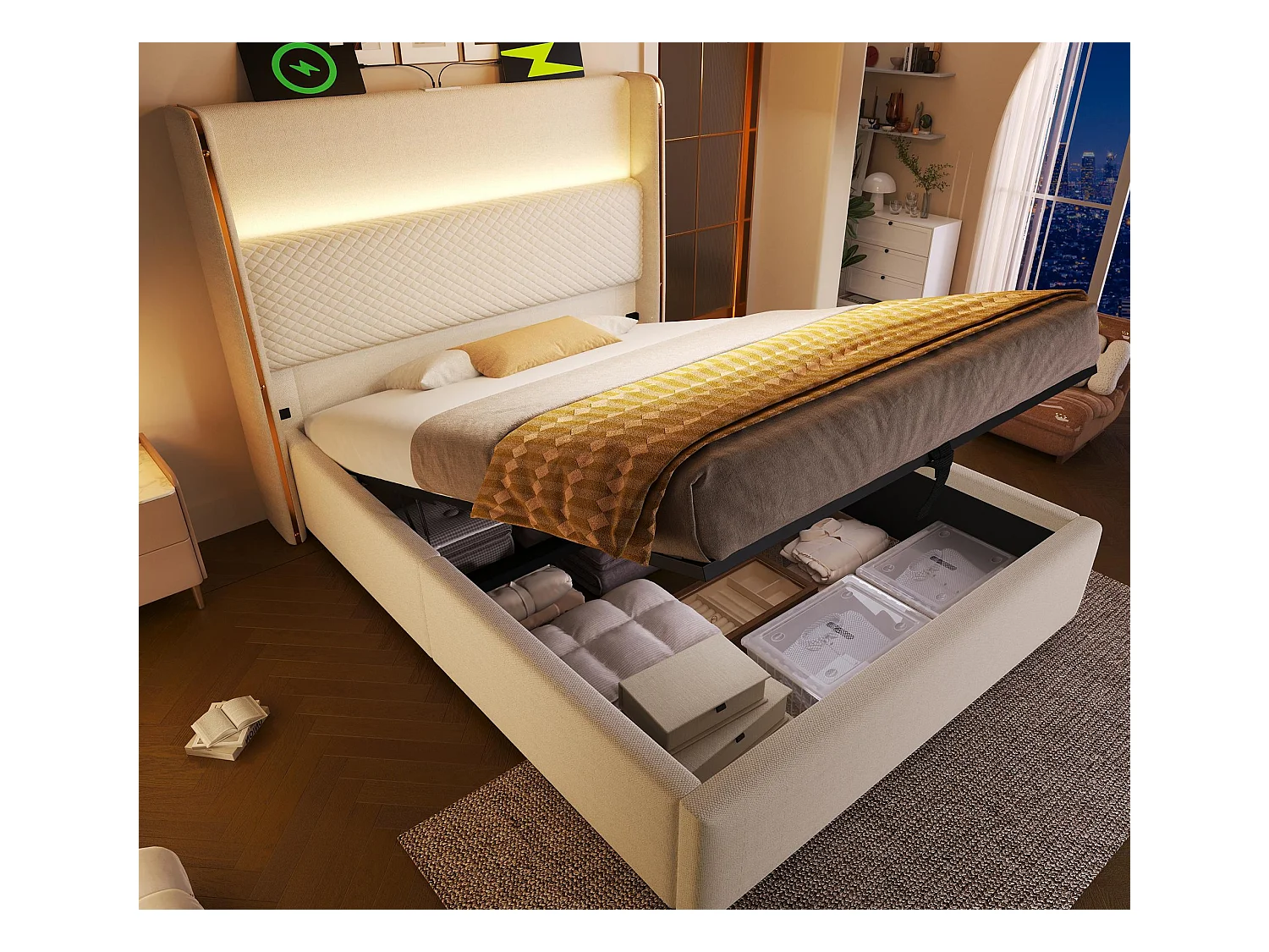 Lit coffre rembourré 90x200cm - avec éclairage LED - avec ports USB et Type-C - tissu en Lin - Beige (sans matelas)
