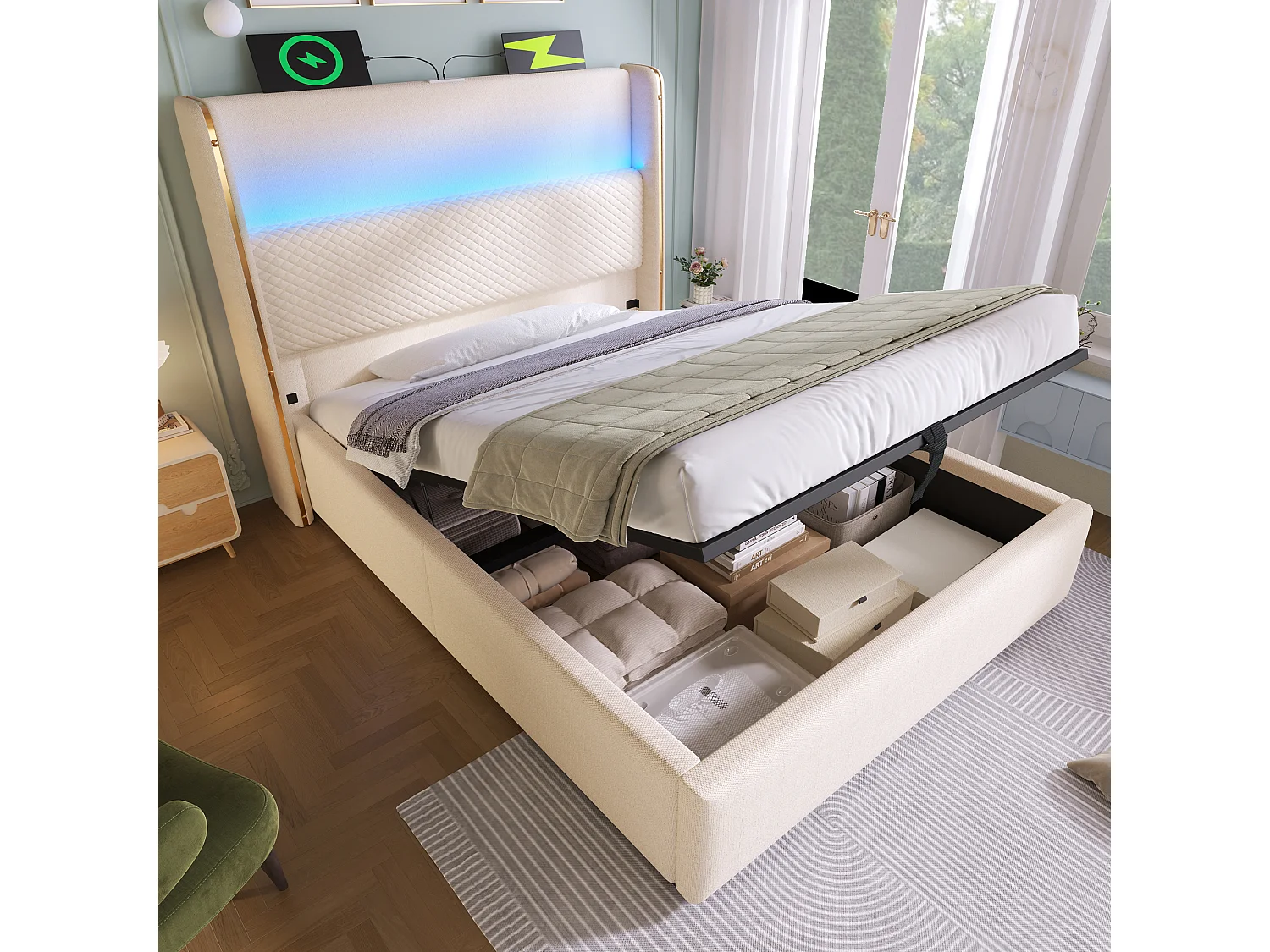 Lit coffre rembourré 90x200cm - avec éclairage LED - avec ports USB et Type-C - tissu en Lin - Beige (sans matelas)
