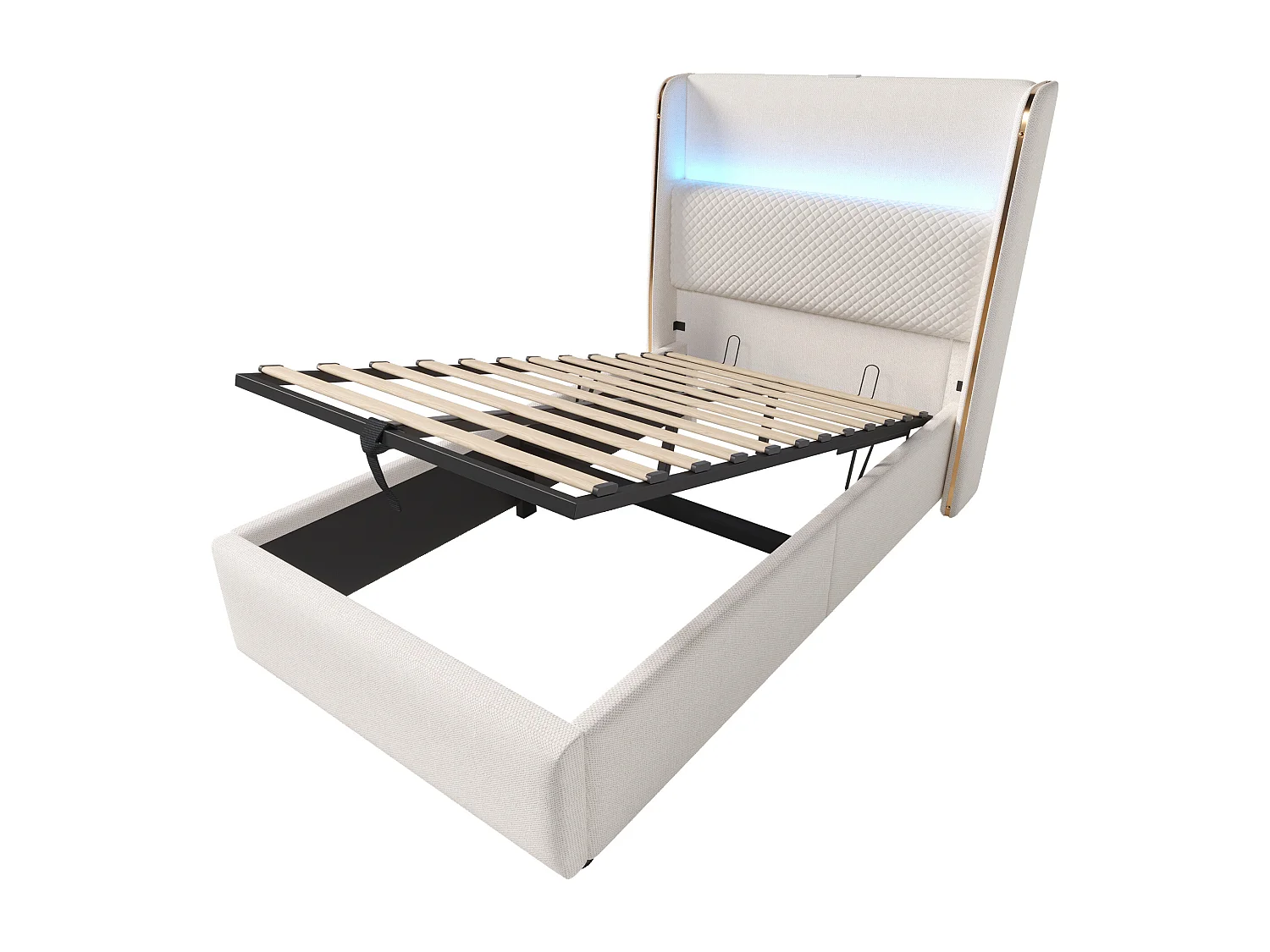 Lit coffre rembourré 90x200cm - avec éclairage LED - avec ports USB et Type-C - tissu en Lin - Beige (sans matelas)