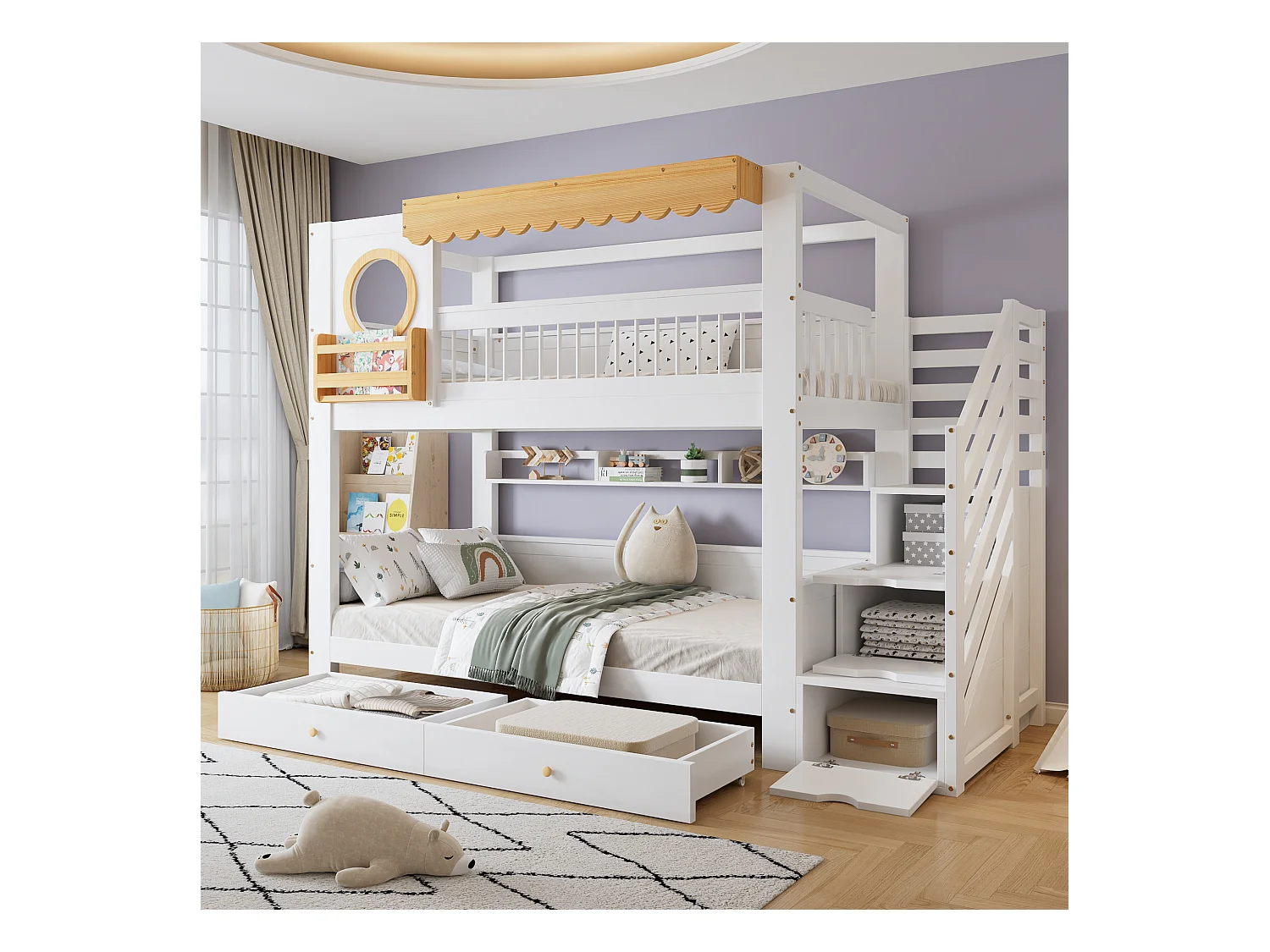 Lit superposés enfant - 2 x 90 x 200 cm - avec 2 tiroirs + escalier de rangement - pin + MDF - blanc + naturel