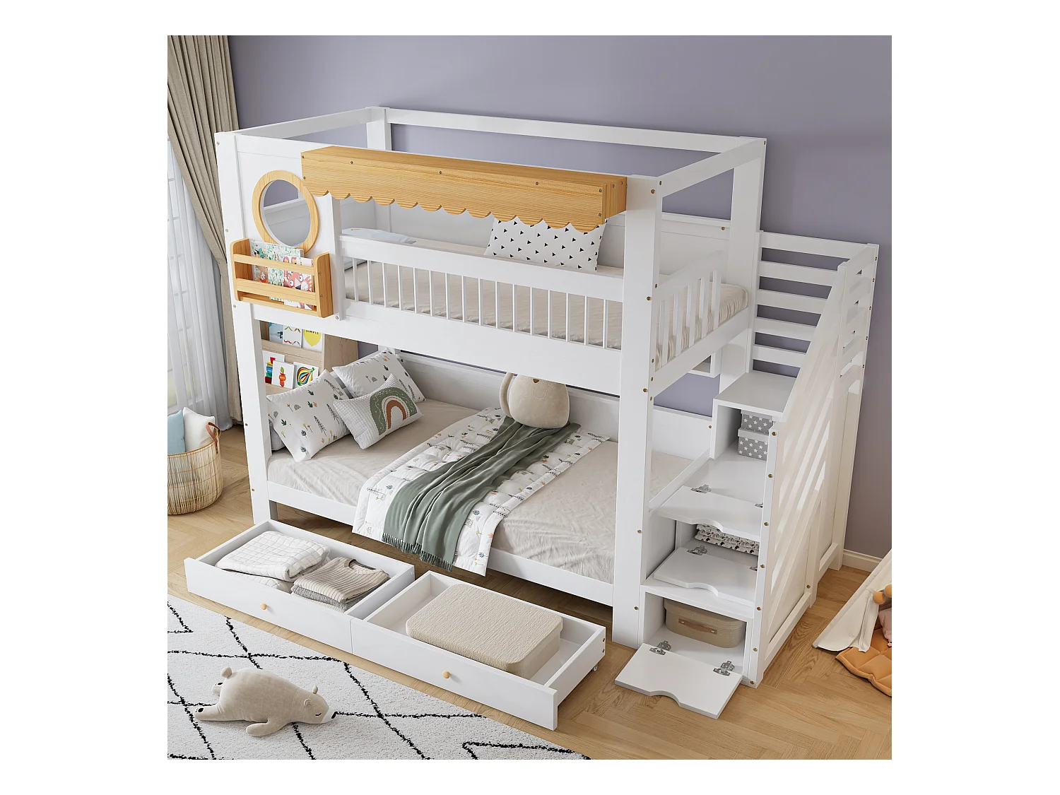 Lit superposés enfant - 2 x 90 x 200 cm - avec 2 tiroirs + escalier de rangement - pin + MDF - blanc + naturel