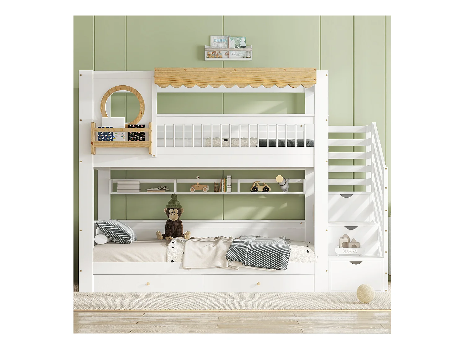Lit superposés enfant - 2 x 90 x 200 cm - avec 2 tiroirs + escalier de rangement - pin + MDF - blanc + naturel