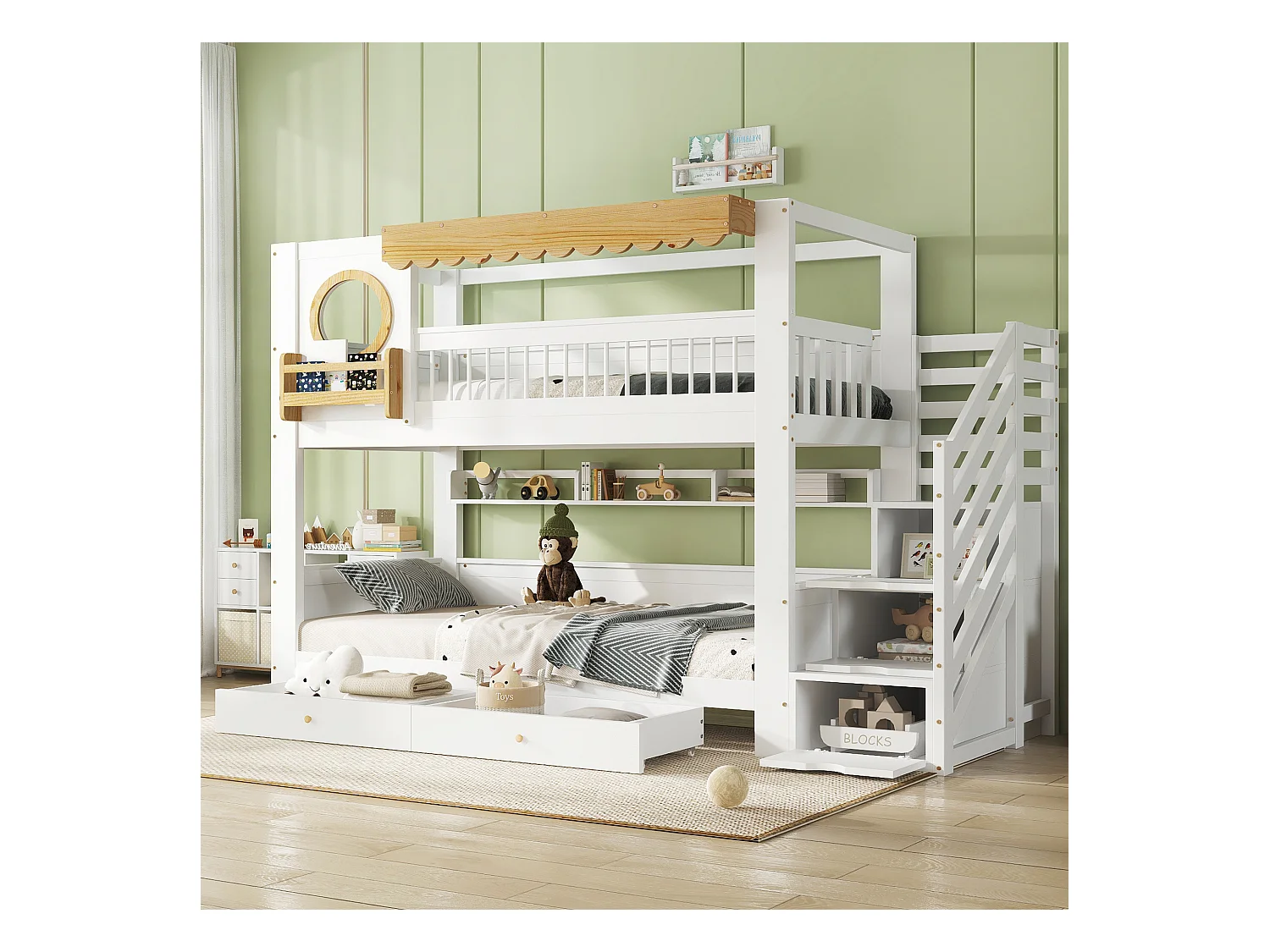 Lit superposés enfant - 2 x 90 x 200 cm - avec 2 tiroirs + escalier de rangement - pin + MDF - blanc + naturel