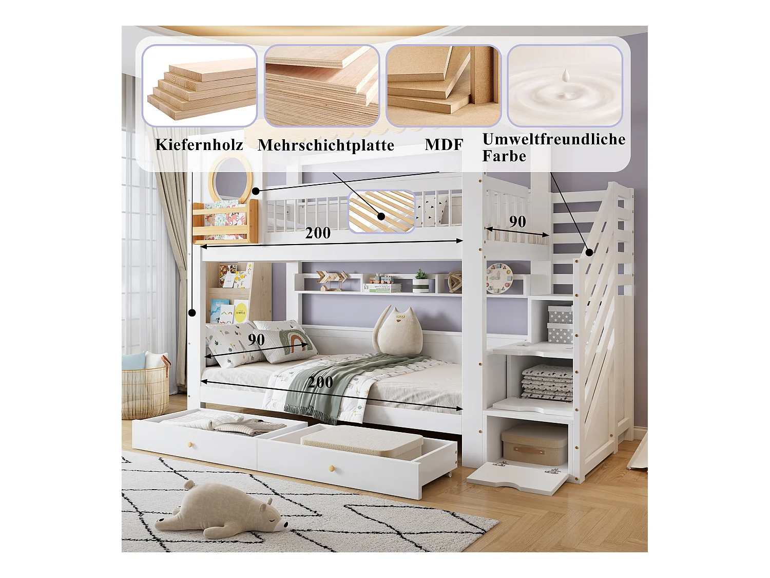 Lit superposés enfant - 2 x 90 x 200 cm - avec 2 tiroirs + escalier de rangement - pin + MDF - blanc + naturel