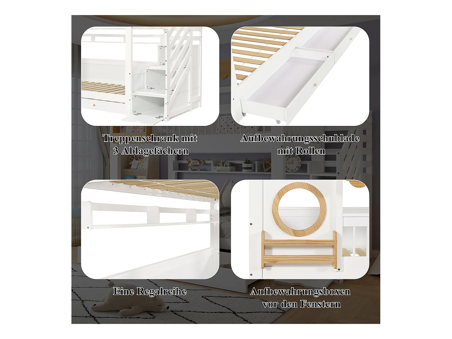 Lit superposés enfant - 2 x 90 x 200 cm - avec 2 tiroirs + escalier de rangement - pin + MDF - blanc + naturel